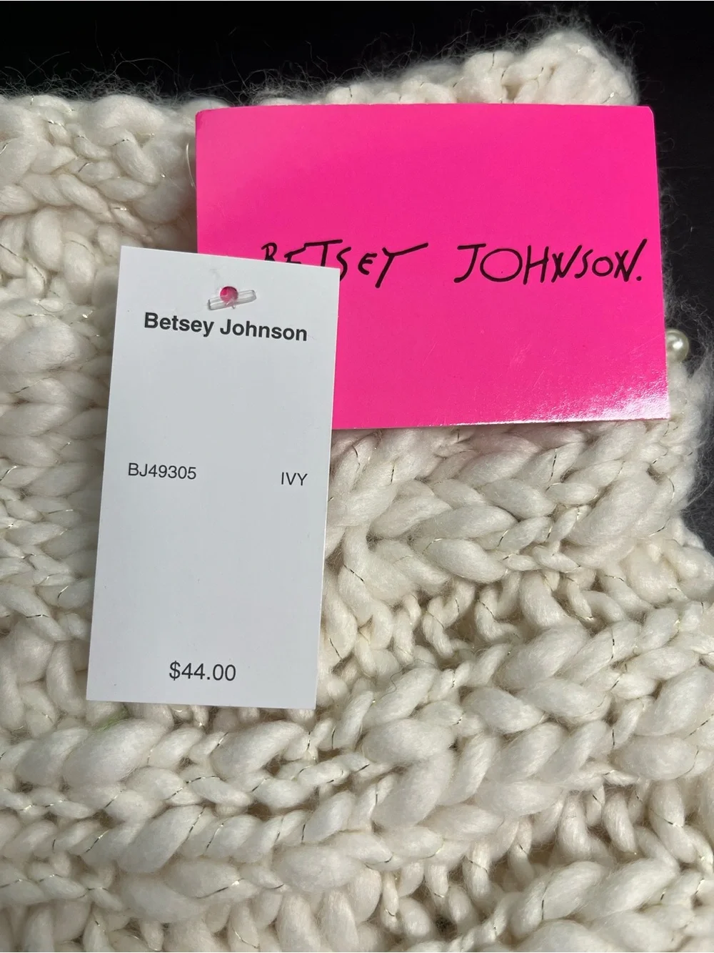 Betsey Johnson Ivory Chunky Knit Scarf with Pearl & Metallic Thread Detail